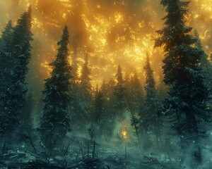 Fototapeta premium Intense forest fire enveloping evergreen trees at dusk, creating a dramatic and eerie atmosphere with thick smoke and glowing flames
