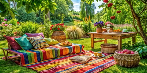Vibrant outdoor setting with lush greenery and a colorful picnic blanket, carefree, young, woman, bright smile, short curly purple hair, pink turtleneck, sunny day, outdoors, vibrant, lush