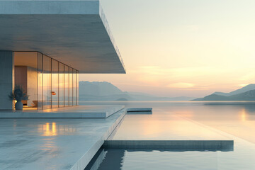 Modern buildings by the lake. Empty architectural background.
