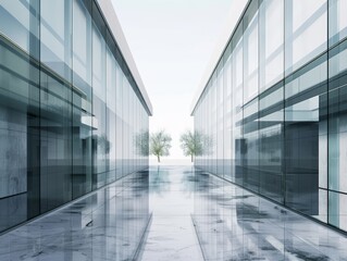 A minimalist modern glass building with clean lines and large windows, surrounded by an empty courtyard with polished concrete surfaces and subtle patterns 