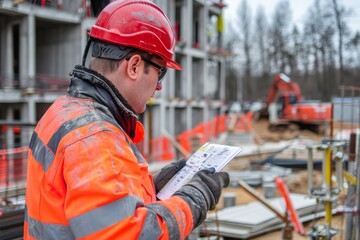 Engineer with blueprints at a construction site