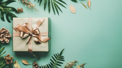 A gift box with a decorative ribbon bow, set on a flat lay solid color background with dried flowers and tropical leaves, featuring ample area for copy