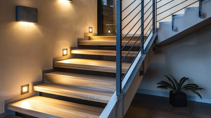 Contemporary stairway featuring wooden steps with wall-mounted square LED lights.