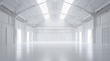Obraz premium Industrial white warehouse with high ceilings and an empty floor plan, surrounded by a uniform white background