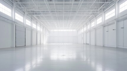 Obraz premium Industrial white warehouse with high ceilings and an empty floor plan, surrounded by a uniform white background