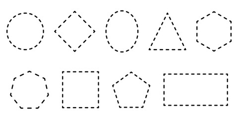Collection of simple geometric shapes formed by dashed lines - Set of outlines of basic geometric figures isolated on a white background - Vector outlines for cutting