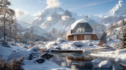 geodesic dome house in the Alps, snowy landscape, small pond, photorealistic, octane render, - Powered by Adobe