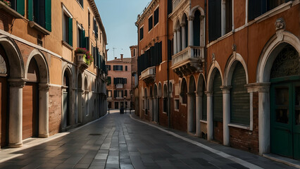 Fototapeta na wymiar This image captures the tranquil beauty of a narrow Venetian street lined with historic buildings, colorful shutters, and elegant arches