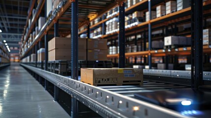 Naklejka premium Smart lighting systems adjust brightness levels based on occupancy and natural light conditions, optimizing energy usage and creating a comfortable working environment in a modern warehouse facility