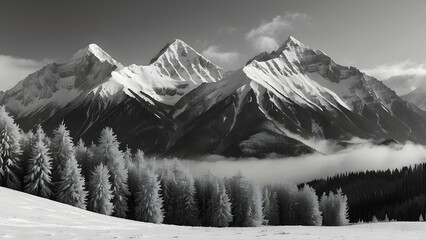 Obraz premium Stunning monochromatic landscape with snow-covered mountains and trees under a clear sky
