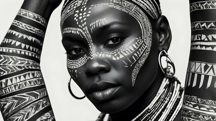 Stunning portrait of an African woman with intricate tribal face paint and jewelry