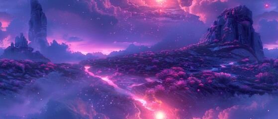 Fototapeta premium Enchanting landscape with vibrant pink flowers and towering rock formations under a starry sky, enhanced by seamless digital effects and a magical atmosphere