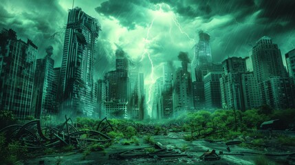 Post-apocalyptic urban landscape with decayed buildings and overgrown vegetation under a green sky, illustrating destruction and abandonment