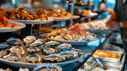 Fototapeta premium A seafood buffet featuring a selection of oysters from different regions, allowing diners to sample a variety of flavors and textures.