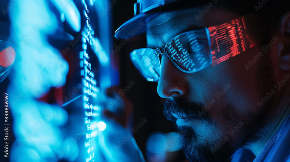 Poster a professional male hacker working on cyber security with holograms of coding scripts, digital data 