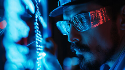 a professional male hacker working on cyber security with holograms of coding scripts, digital data protection cyber technology 