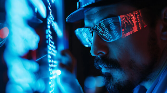 a professional male hacker working on cyber security with holograms of coding scripts, digital data protection cyber technology 