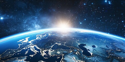 Fototapeta premium Stunning View of Earth from Space at Sunrise Centered on Europe and China, with a Star-Filled Atmosphere and Blue Planet Horizon Showcasing Vast Landscapes