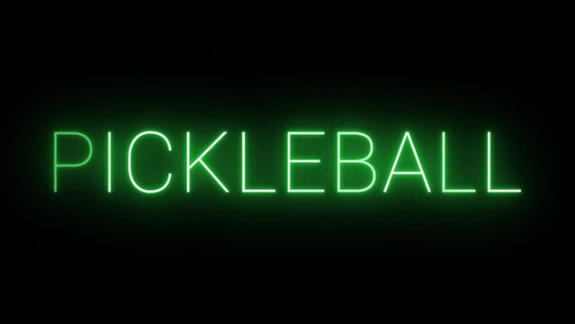 Flickering neon green pickleball sign animated on black background.