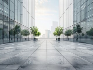 Fototapeta premium An elegant, minimalist glass building with a modern design, standing on a broad, empty plaza with smooth concrete tiles and a few strategically placed plants 