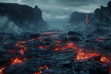 Fototapeta premium Awe-Inspiring Pursuit Across Rugged Lava Fields