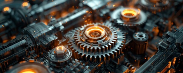 Metallic gears and cogs with glowing highlights, showcasing mechanical engineering and intricate machinery details.