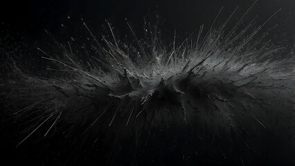 This dynamic image captures a high-speed black liquid splash, creating a dramatic and abstract explosion effect against a dark environment