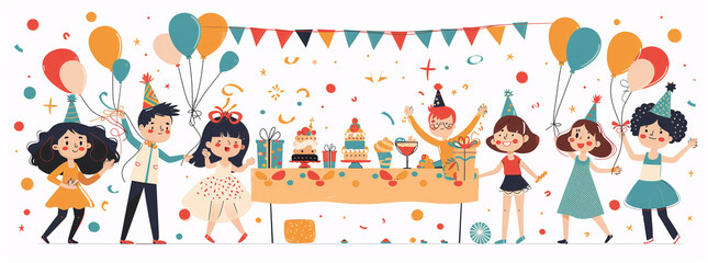 Fototapeta premium Children's illustration of a birthday party. Illustration for banner, website, or decoration.