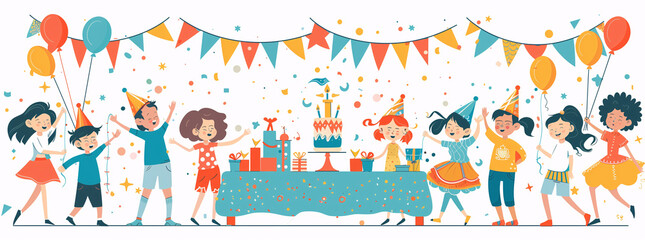 Fototapeta premium Children's illustration of a birthday party. Illustration for banner, website, or decoration.