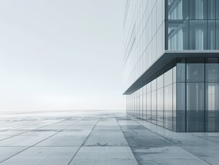 Fototapeta premium A contemporary minimalist glass building with a sleek glass and metal facade, standing on an expansive, empty plaza with a monochrome concrete surface and minimalist design features 