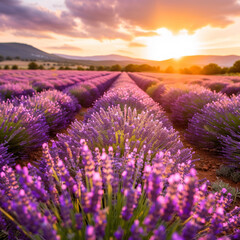 Fototapeta premium Lavender Fields Swaying in a Golden Sunset