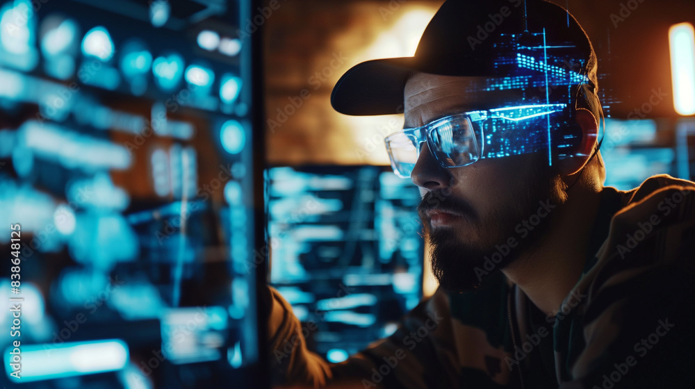 Poster a professional male hacker working on cyber security with holograms of coding scripts, digital data 