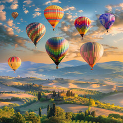 Colorful Hot Air Balloons Floating Over Patchwork Fields: A Stunning Aerial View