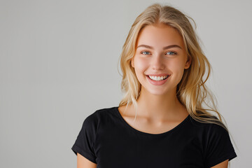 Obraz premium Close up portrait of beautiful young smiling woman against grey background.