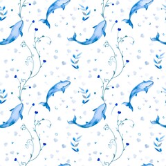 Fototapeta premium Seamless pattern with whales, seaweed and hearts. Smiling blue whales and blue hearts on white background. Hand drawn underwater sealife illustration. Sea fish pattern. For printing, design, wallpaper