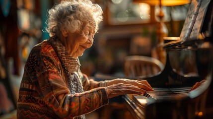 Obraz premium an elderly woman playing the piano, with a joyful expression