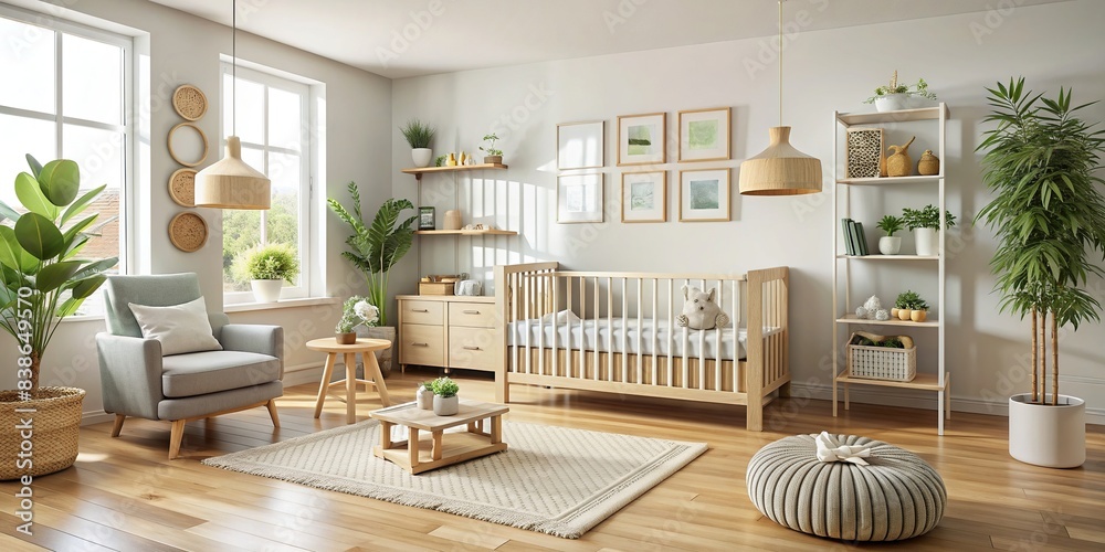 Wall mural Modern nursery room interior with neutral unisex colors and Scandinavian style, depicted in a , nursery, room, interior, modern, Scandinavian, style, neutral, unisex, colors, , baby - Wall murals