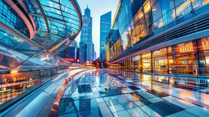 Modern plaza with glass architecture and a Vibrant city backdrop 