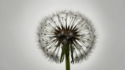 A close-up of a single dandelion seed head, showcasing its delicate structure with a bright white backdrop