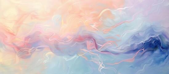A painting of a sky with a blue and pink hue. The sky is filled with swirls and lines, giving it a sense of movement and energy. The colors are bright and vibrant, creating a feeling of joy