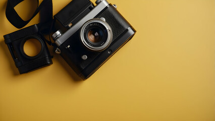 A retro-style camera with accessories displayed on a vibrant yellow background, capturing the essence of vintage photography