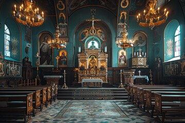 Aesthetic Representation of an Iconic Apostolic Church with Architectural Details. Religious Symbolism and Spiritual Significance Captured in a Serene Setting.