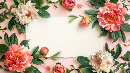 Fototapeta premium Beautiful floral border with pink and white peonies surrounding a blank paper on a light pink background. Perfect for wedding invitations and cards.
