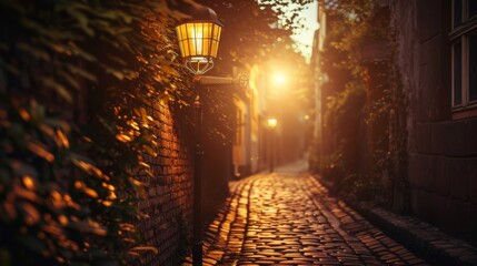 A vintage street lamp casting a warm glow on a cobblestone alley, evoking a sense of nostalgia and...