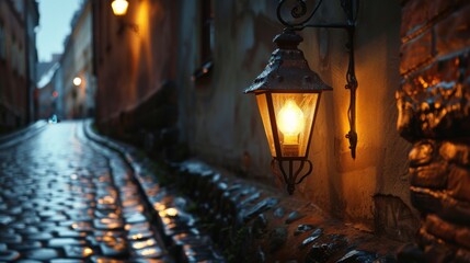 A vintage street lamp casting a warm glow on a cobblestone alley, evoking a sense of nostalgia and...