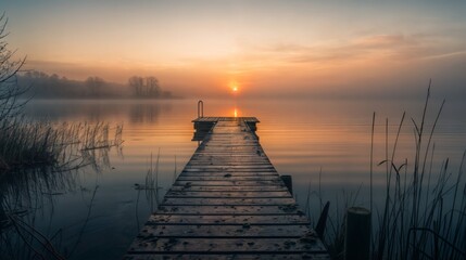 Fototapeta premium Misty morning sunrise over a serene lake with wooden dock