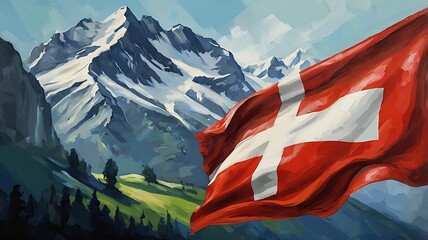 paint art of swiss flag in the swiss mountains