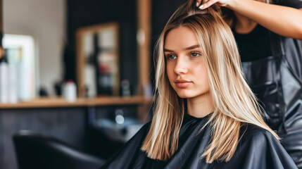 Fototapeta premium A young blonde woman having her hair cut at a salon.
