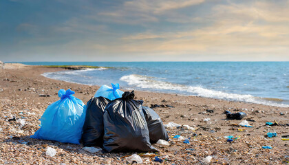 little Garbage dump or dump site on seashore after camping.  Waste disposal concept