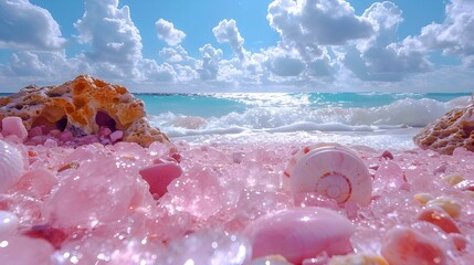 A beach covered with pink stones and shells, blue sky and white clouds